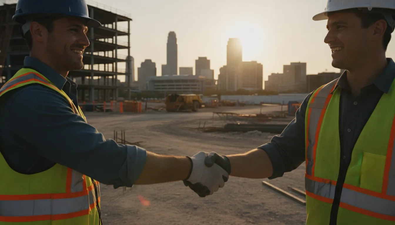 A general contractor and developer shaking hands at an Indianapolis construction site