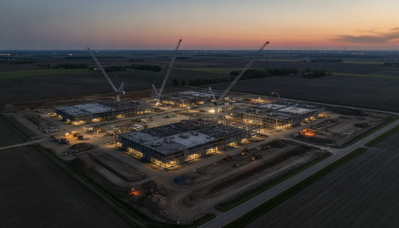 Aerial view of a large data-center campus under construction in Indiana