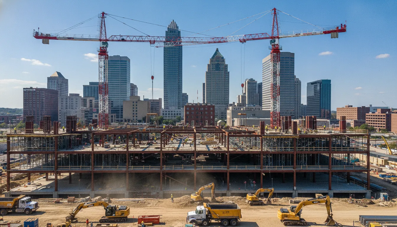 Steel framing rising on a commercial construction site in downtown Indianapolis
