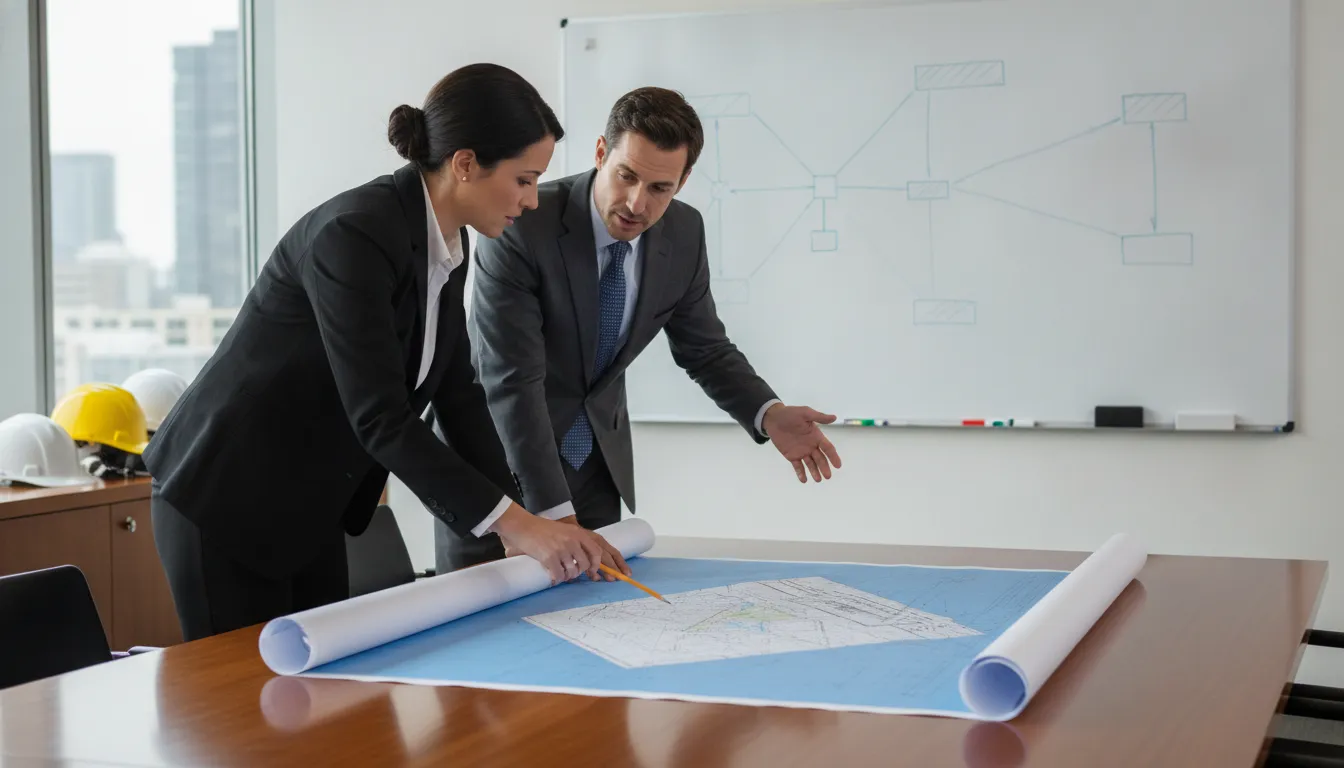 Business development team reviewing Indiana construction project data
