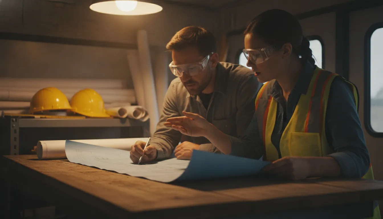 Project planner reviewing construction blueprints