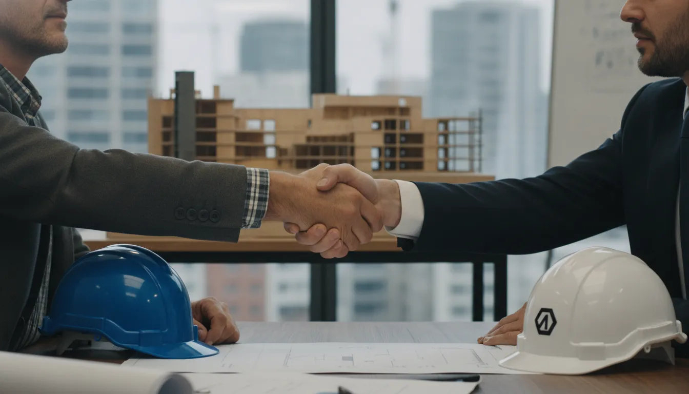Close-up of a handshake between a contractor and a developer in a construction office