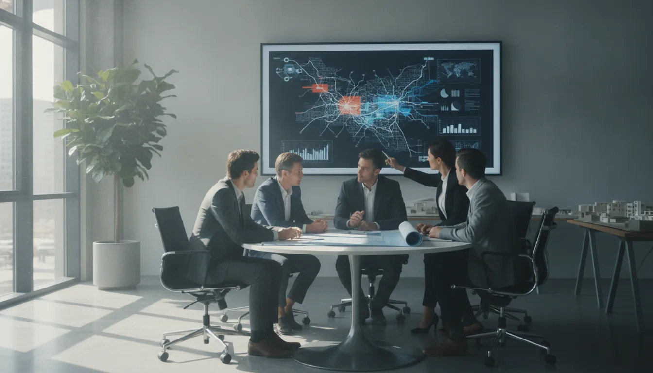 Business development team reviewing project data and market maps in a modern office