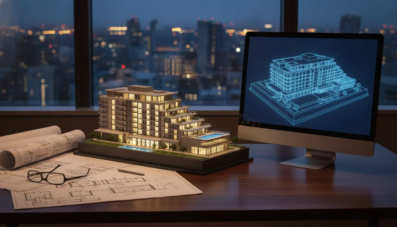 Architectural model of a proposed hotel beside building plans on an office desk