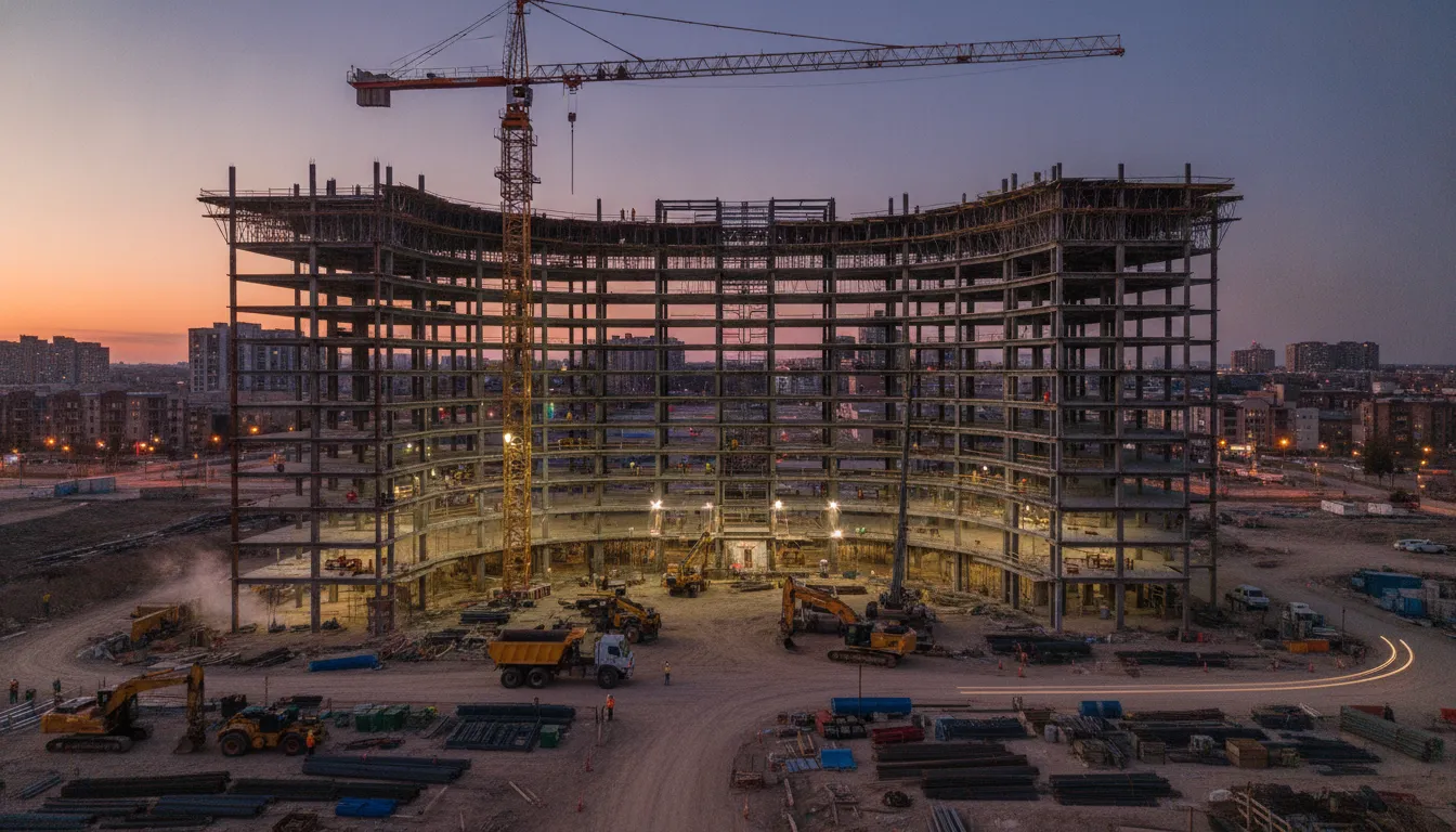 Hotel building under construction at dusk with a tower crane