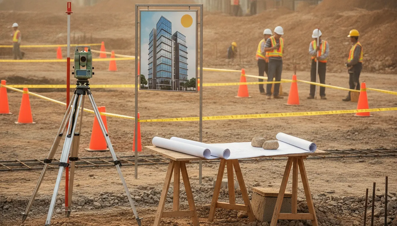 Surveyor equipment and construction site markers on a new development parcel