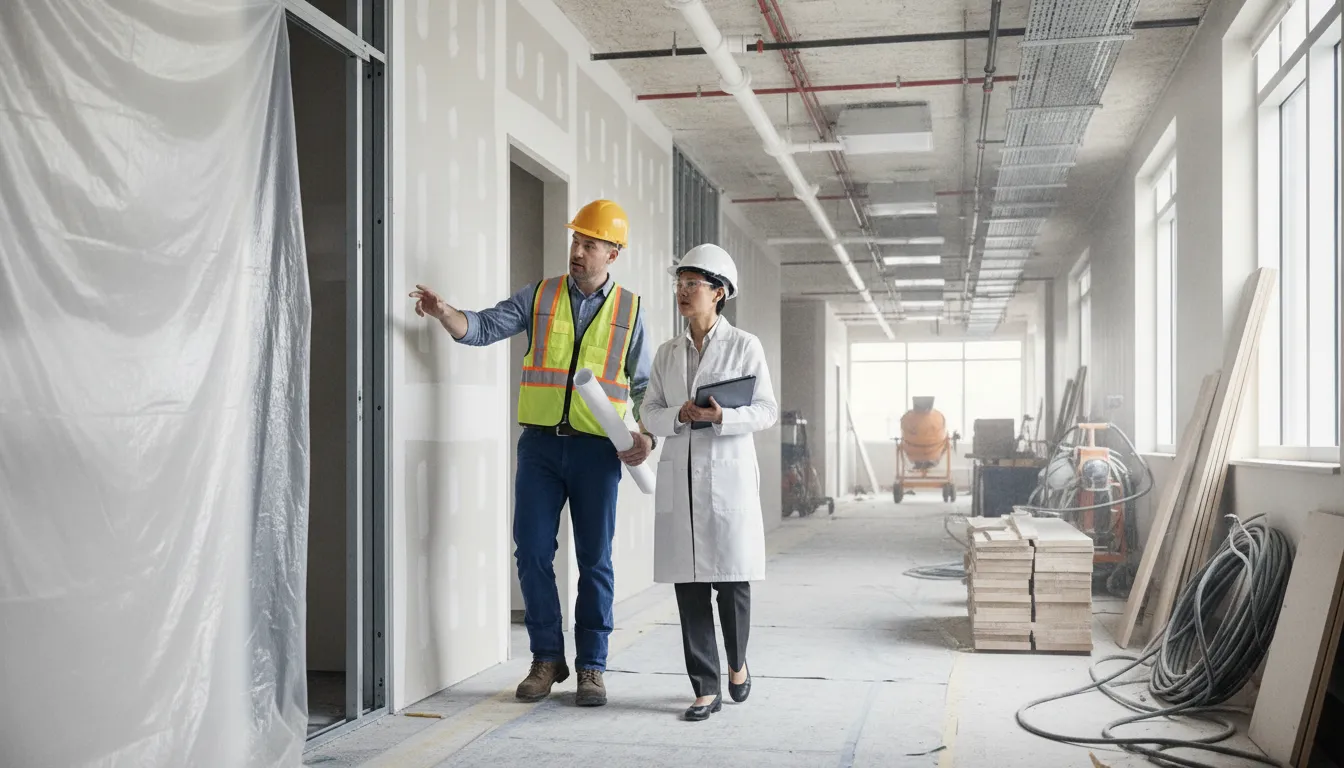 Construction manager and healthcare operations leader planning an active hospital renovation