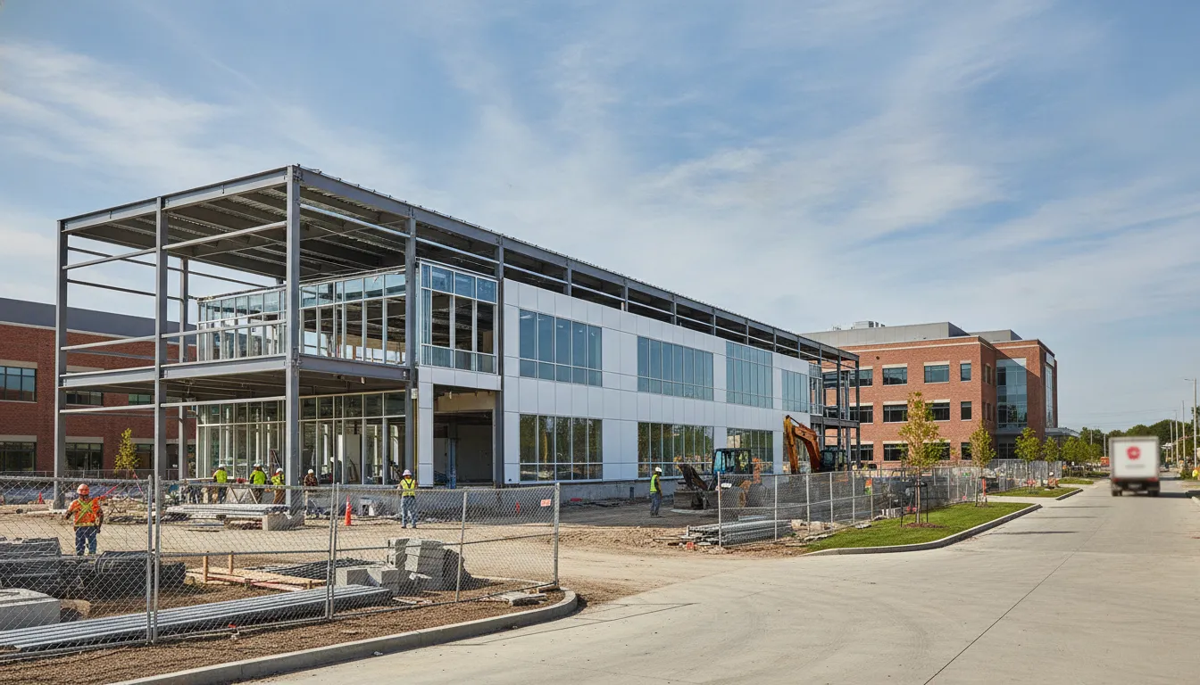 Outpatient medical office addition under construction beside an existing building