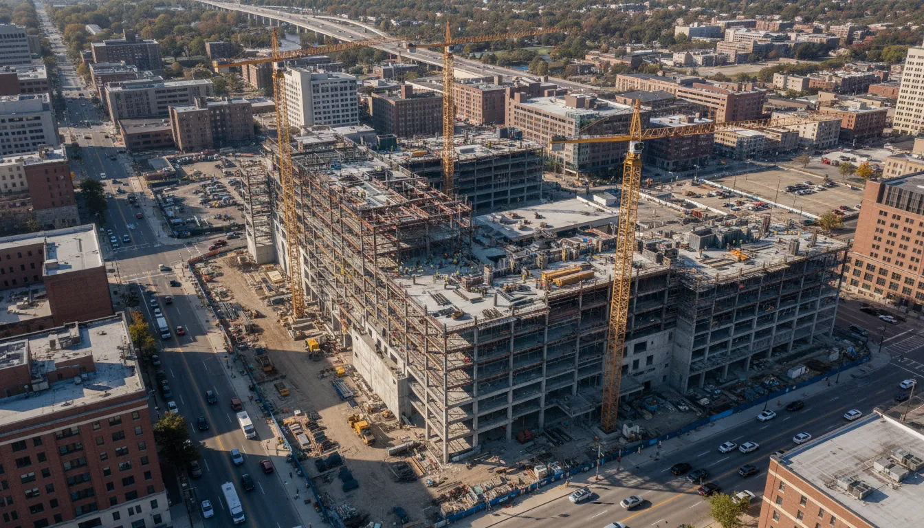 Aerial view of a healthcare construction site in an urban Midwestern city