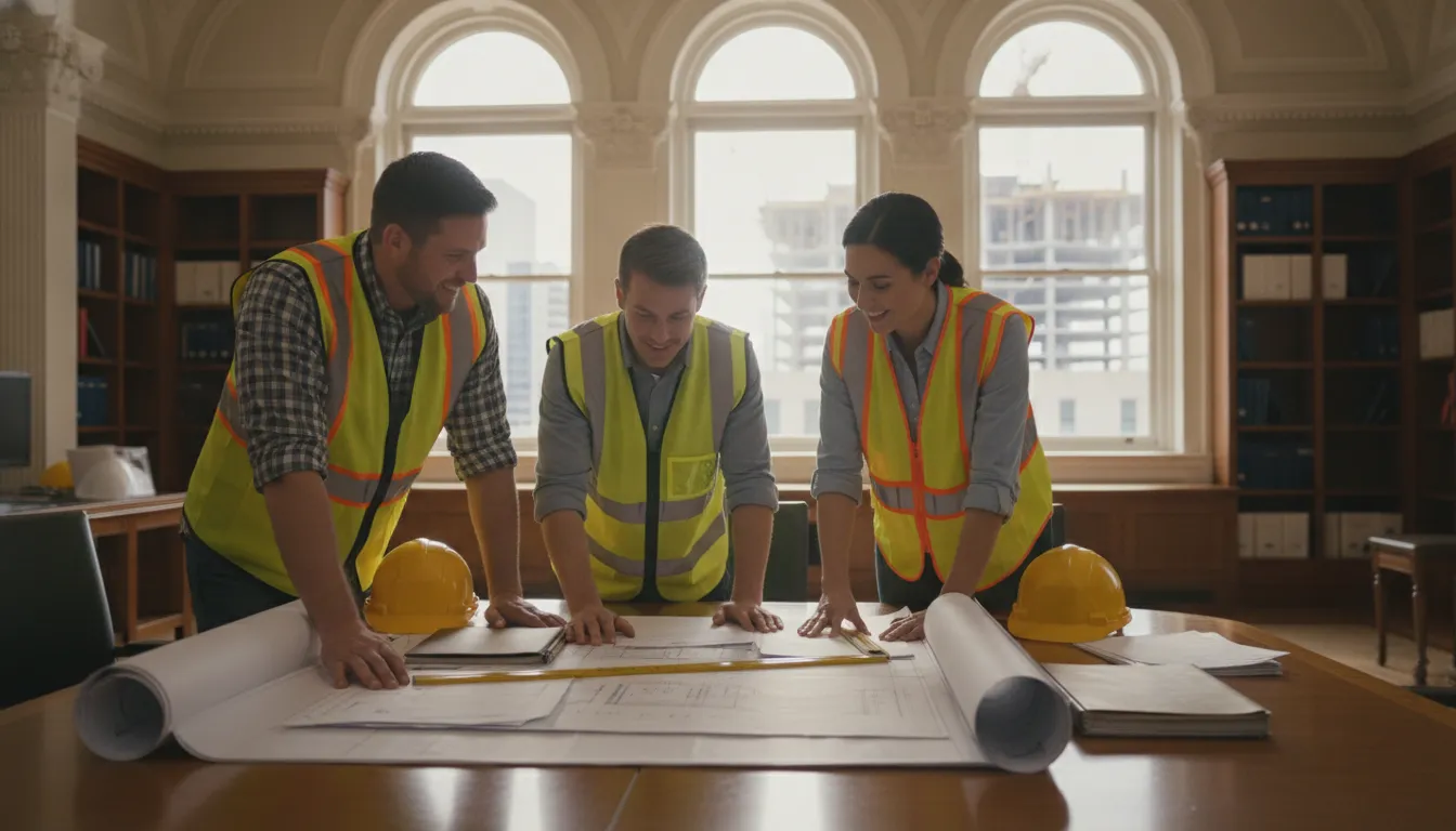 Construction team reviewing building permit and public records at a county office