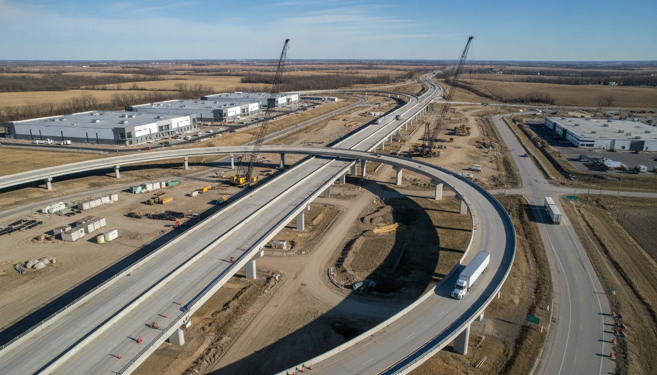Highway interchange serving new industrial development in Indiana