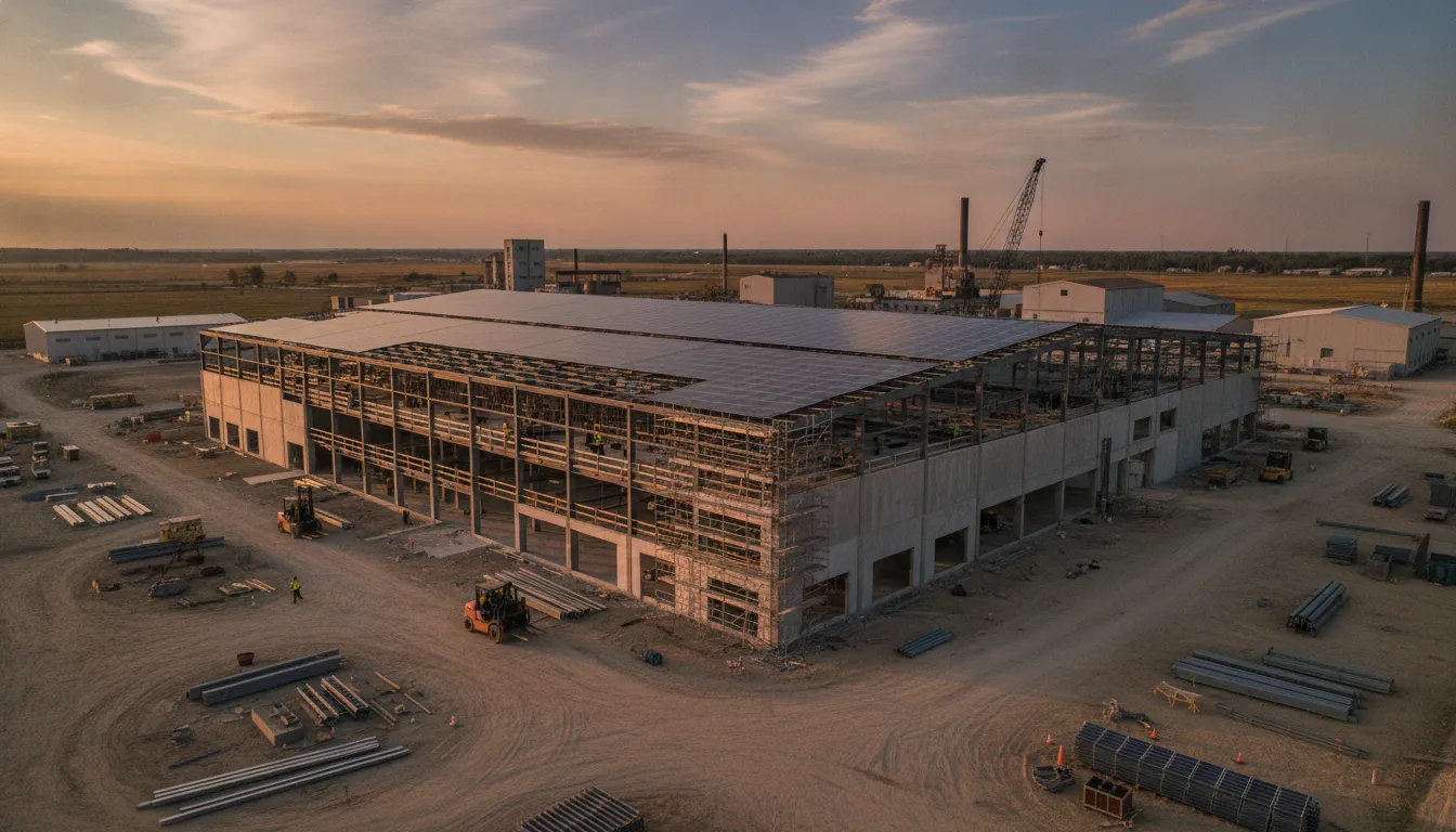 New manufacturing plant under construction in flat Midwest farmland