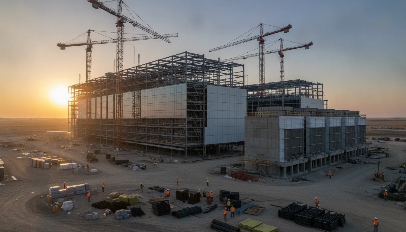 Data center under construction with cooling towers in an Indiana industrial park