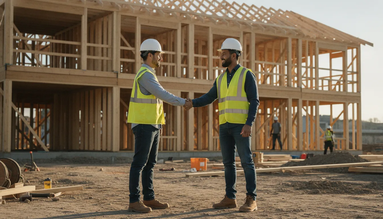 General contractor reviewing multifamily development plans with a project team