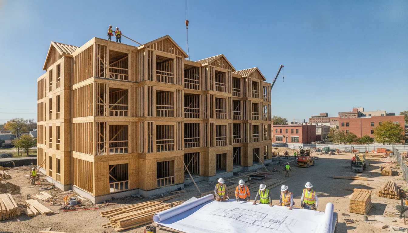 Multifamily apartment construction site with cranes and workers in Indiana