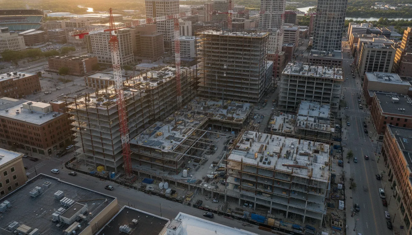 Aerial view of an office construction project in Indianapolis rising with cranes and steel framing, representing early commercial development signals