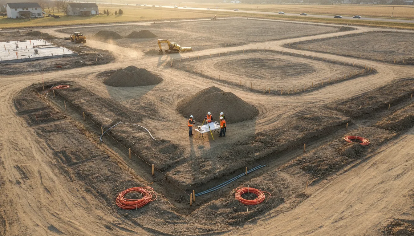 Aerial view of a new retail strip center development under construction in Indianapolis