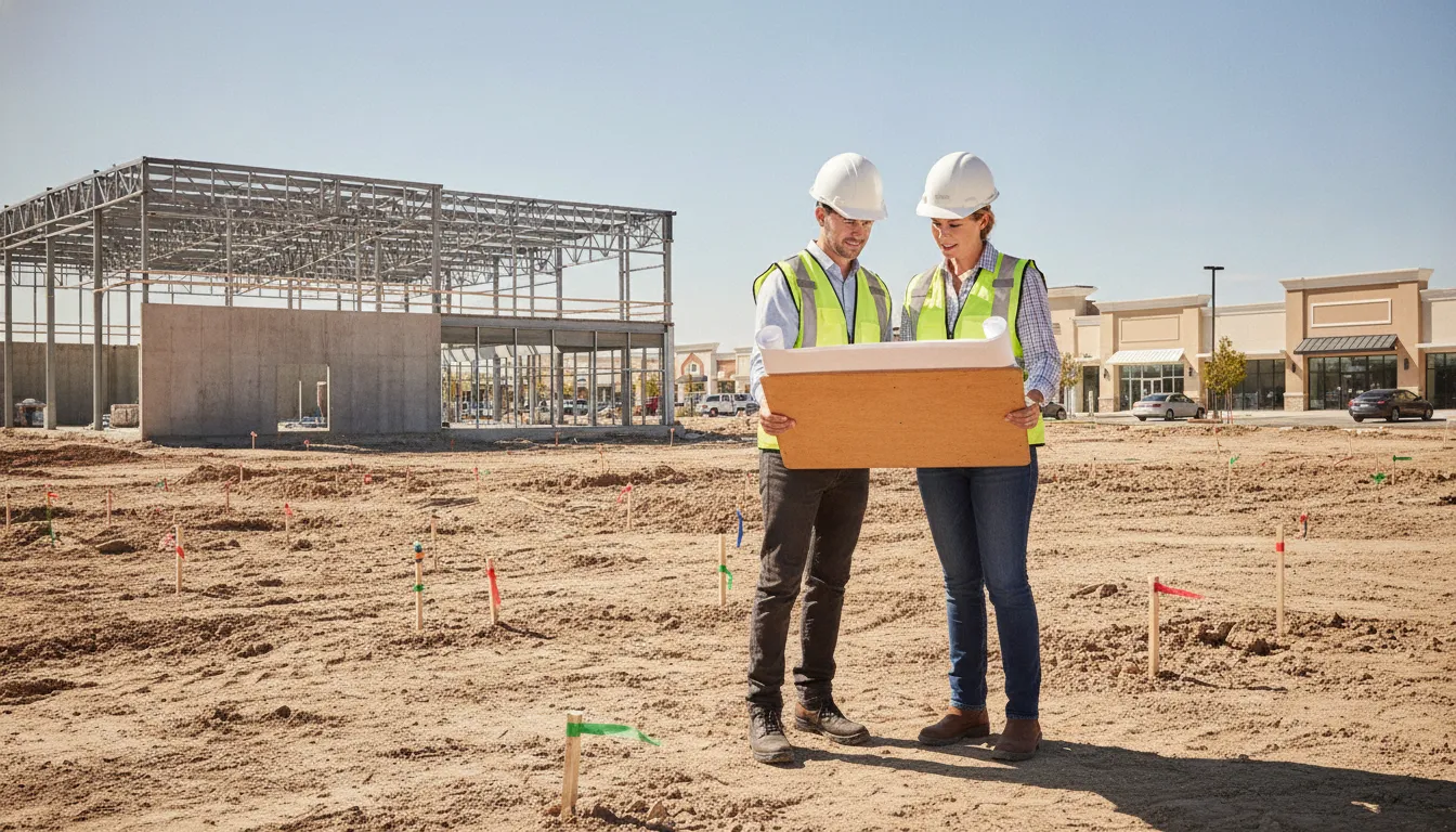 Developer and civil engineer reviewing site plans at a suburban retail construction site in Indianapolis