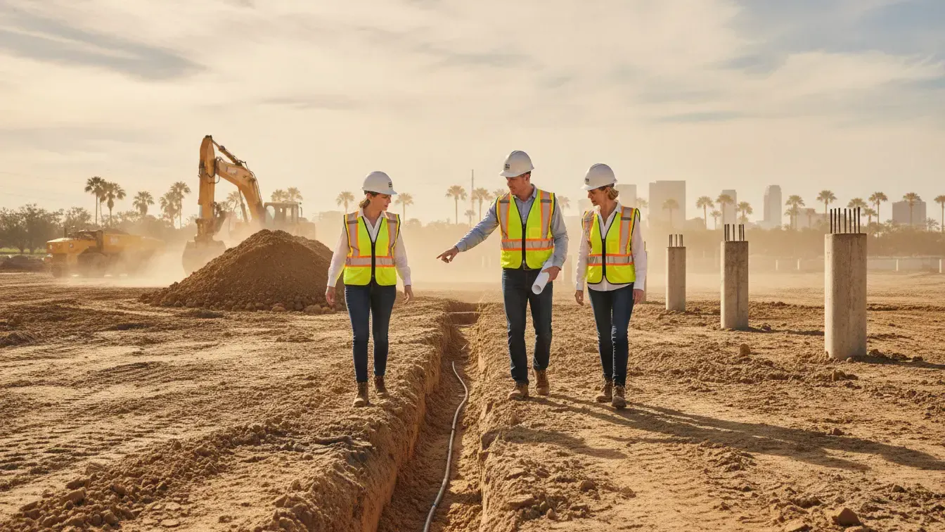 Construction professionals walking a Jacksonville healthcare site during early permitting