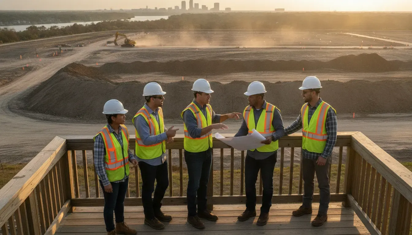 Jacksonville construction team discussing development signals at a commercial site
