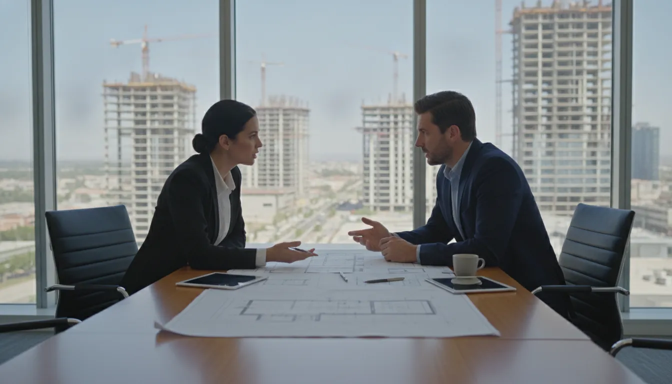 Construction executives validating commercial project notes