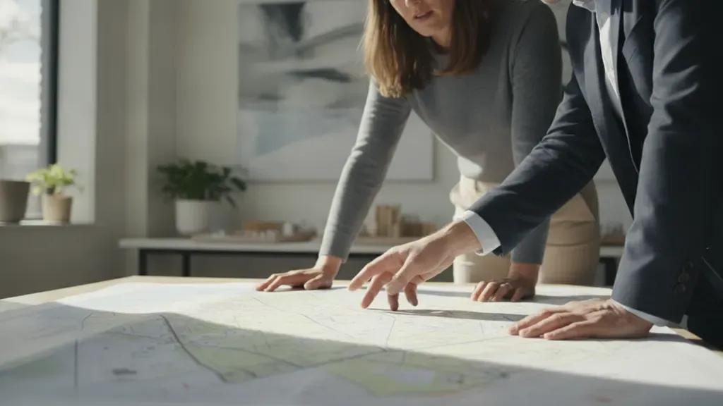 Construction business development team reviewing a future project site map