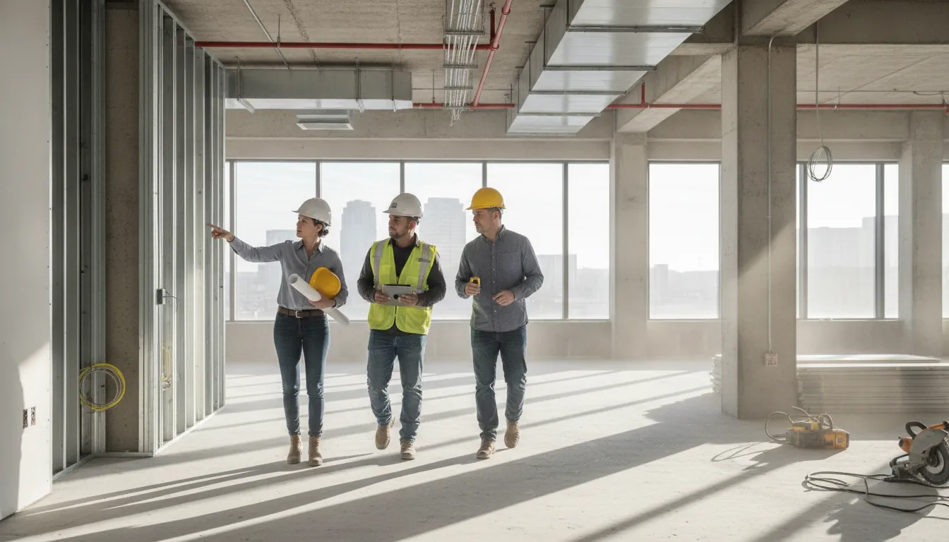 Construction professionals evaluating an office renovation site