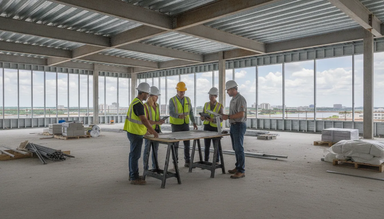 Construction trade partners and a supplier at an unfinished office site