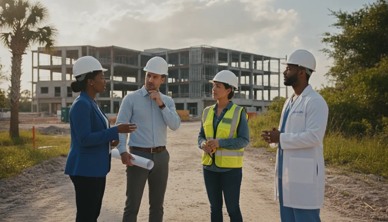 Healthcare construction stakeholders meeting beside an Orlando project site