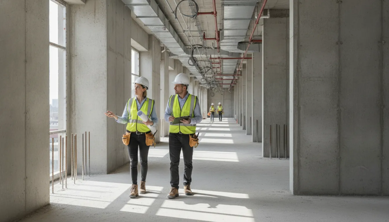 Construction professionals inspecting a partially built healthcare facility