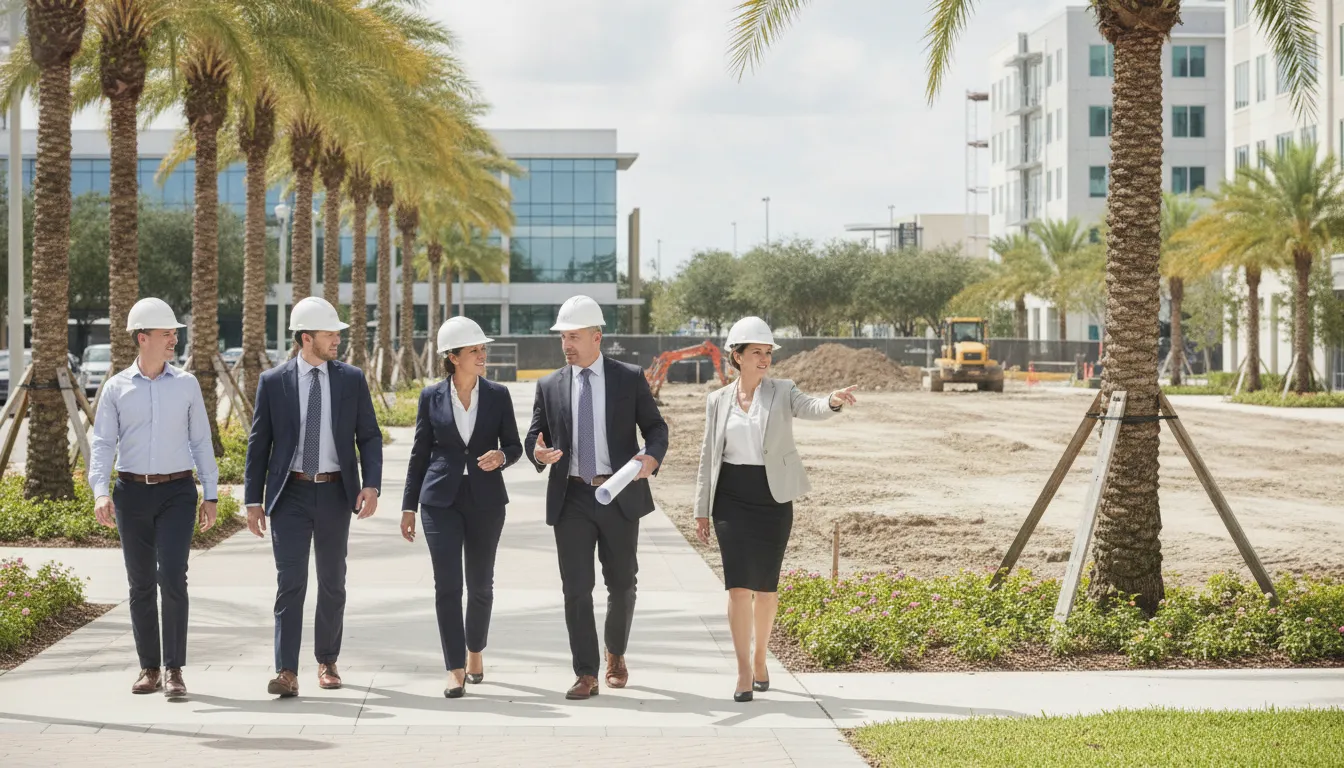 Commercial construction team surveying an Orlando development district