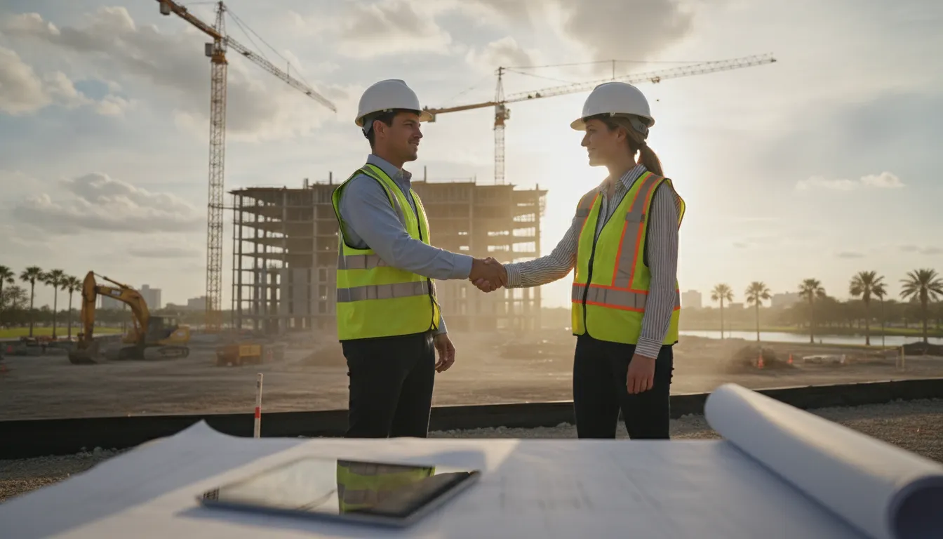 Construction sales intelligence meeting at an Orlando development site