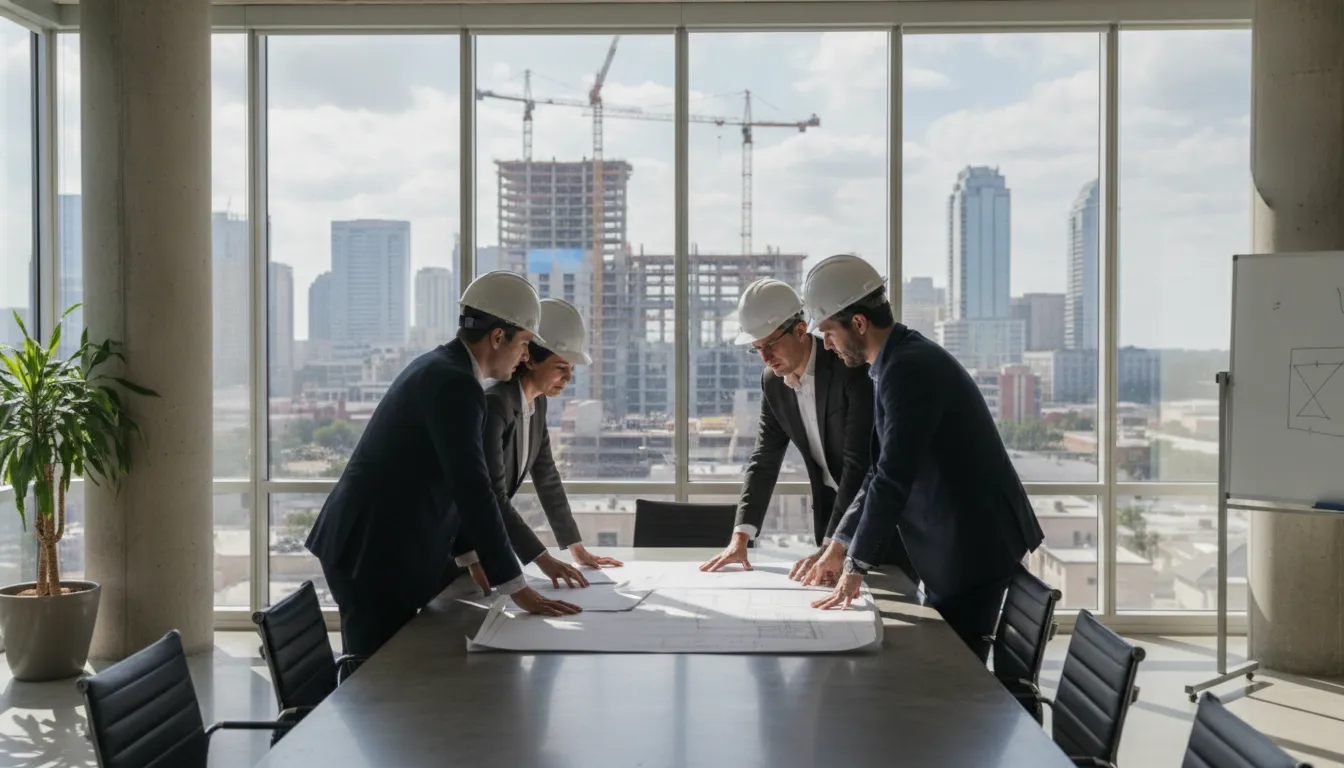 Construction business development team reviewing an Orlando office project