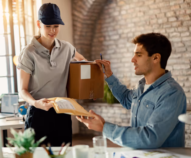 Delivery woman handing a package to a seated man who is signing with a pen indoors.