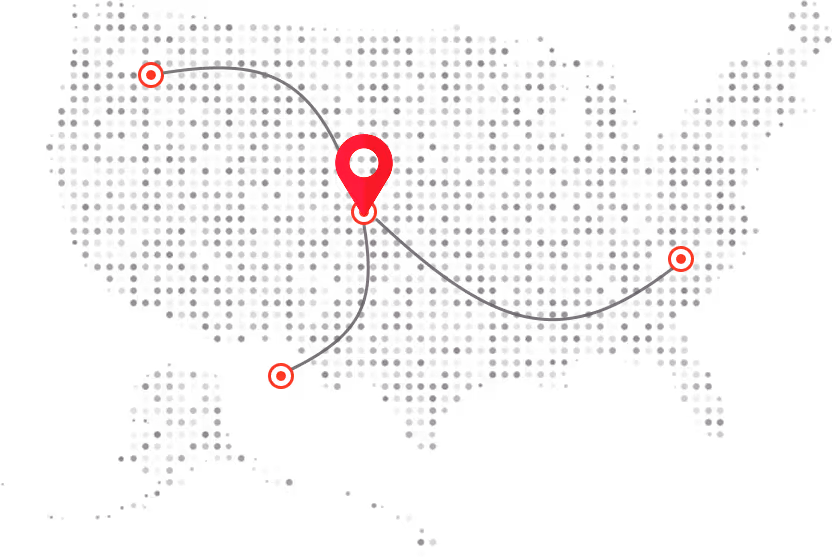 Stylized map of the United States with red location markers connected by curved lines, highlighting central and coastal points.