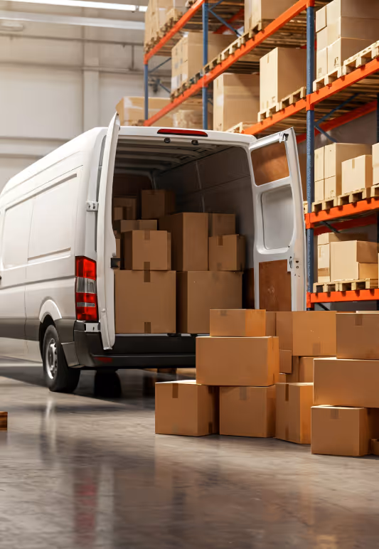White delivery van with open rear doors loaded with cardboard boxes inside a warehouse with shelves stacked with more boxes.