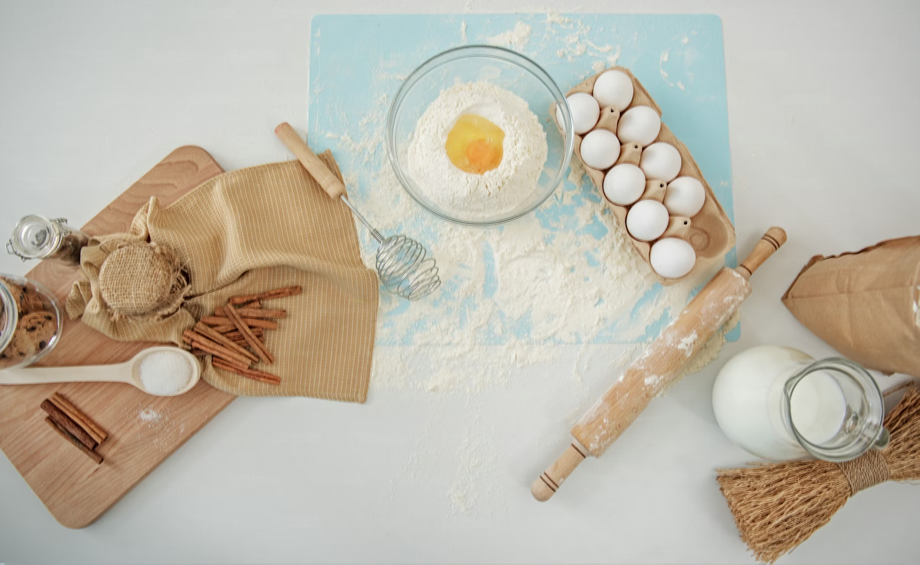 Baking ingredients prepared for fresh dough and pastry production