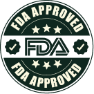 Round badge with FDA logo, check marks, stars, and the text 'FDA Approved' twice around the edge.