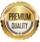 Gold and silver badge with the text Premium Quality and decorative laurel branches.