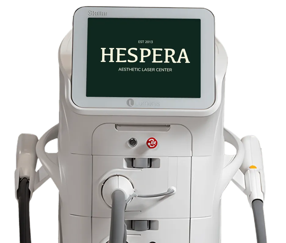 Front view of a white aesthetic laser machine with a screen displaying 'Hespera Aesthetic Laser Center EST 2013' and two attached handheld devices.