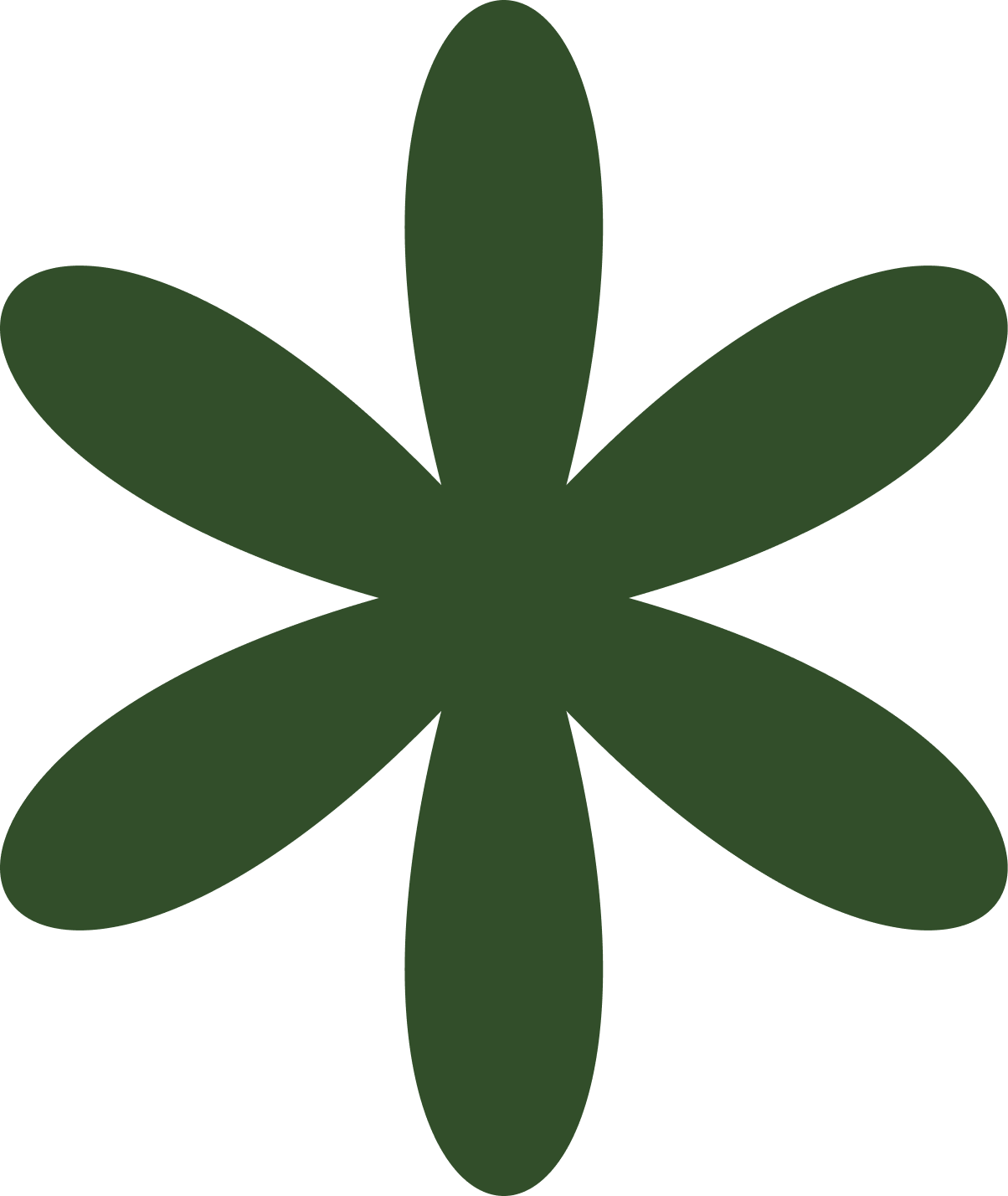 Dark green asterisk-shaped abstract flower with six rounded petals on a transparent background.
