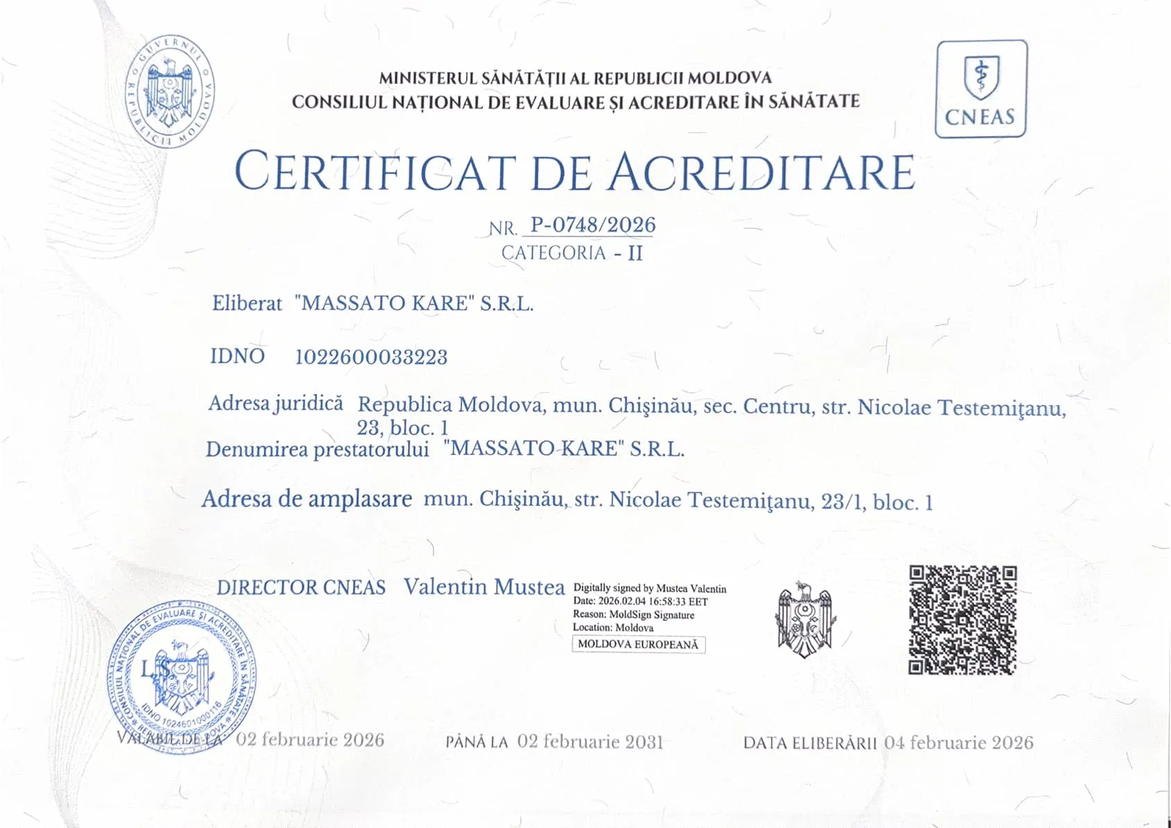 Accreditation certificate issued by the National Council for Evaluation and Accreditation in Healthcare for Massato Kare SRL, Category II