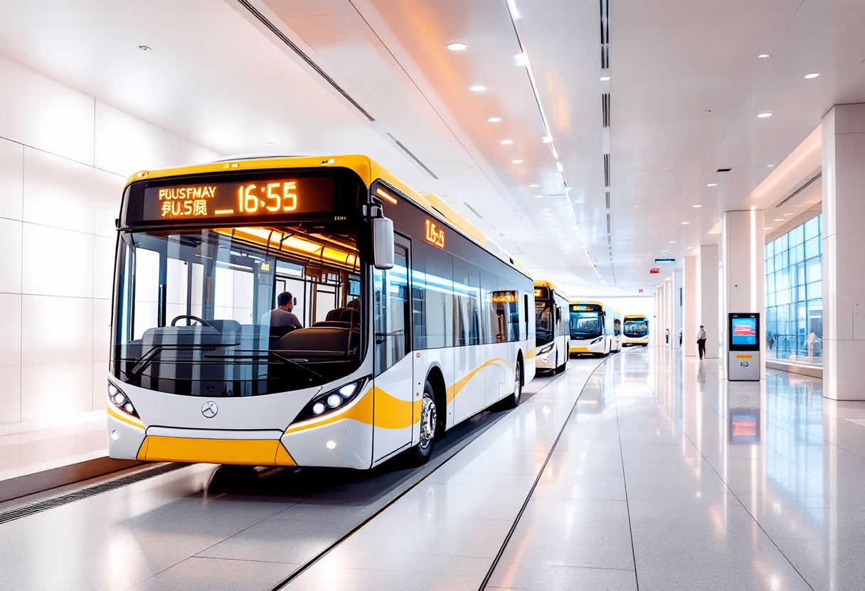 modern bus terminal with multiple buses ready for departure