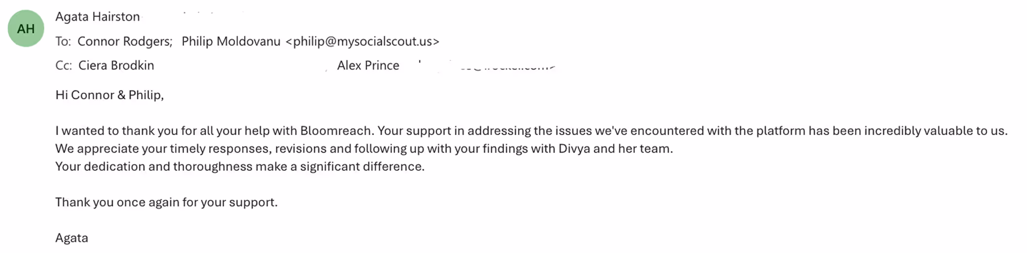 Testimonial Screenshot from a happy client of Social Scout praising their work