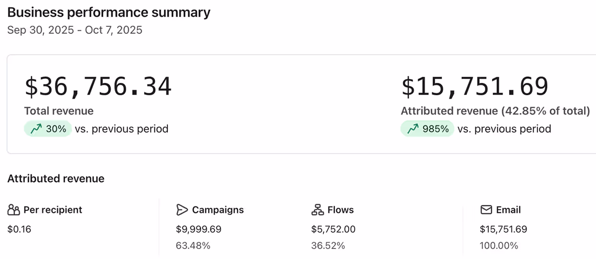 Screenshot from a Client of Social Scout showing graphs of him winning on Klayvio with great results because of working with Social Scout