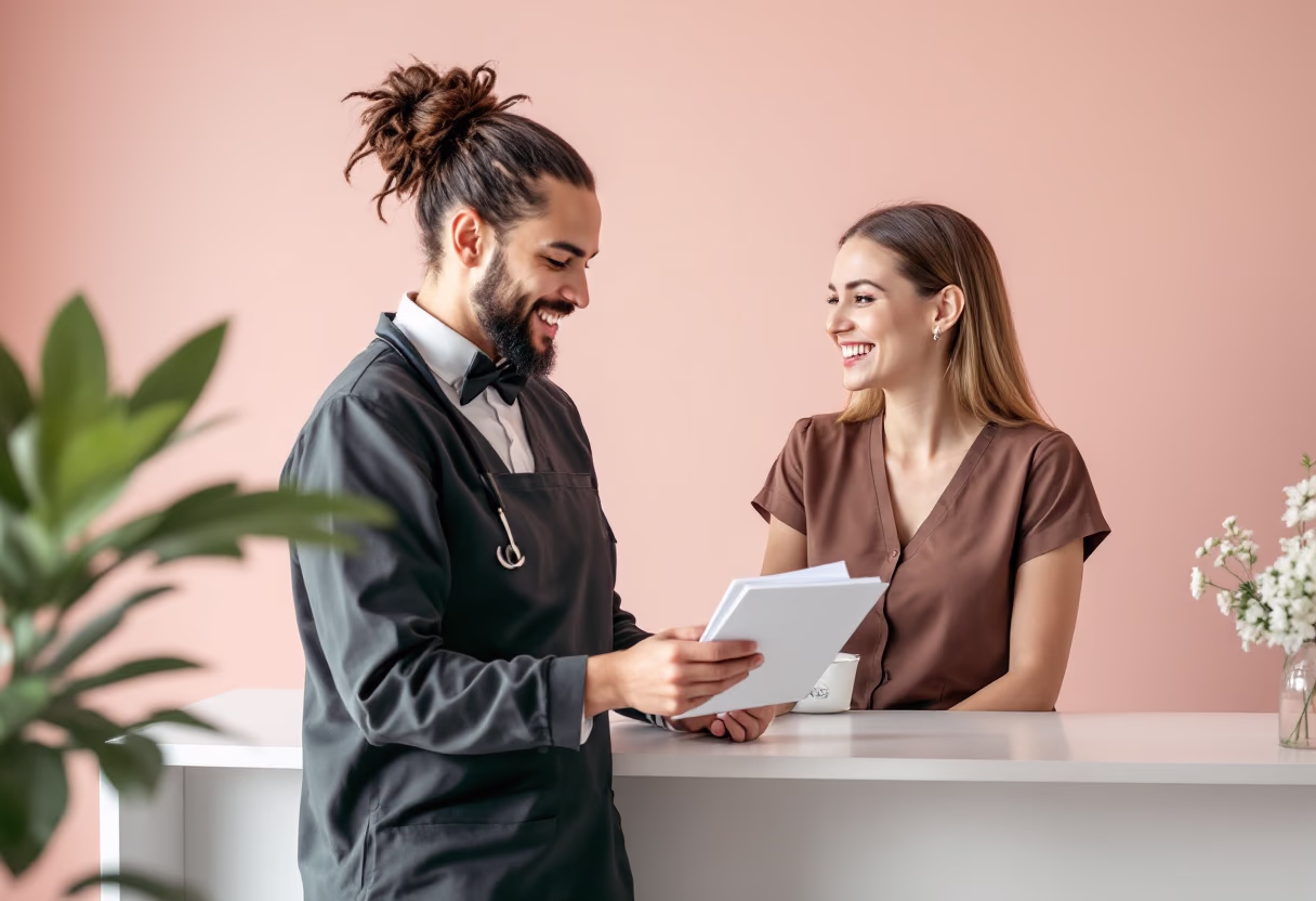 image of friendly interaction at the reception desk (for a veterinary clinic)