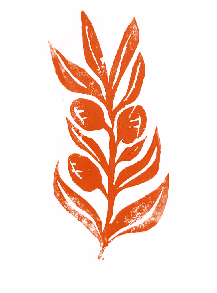 Illustration d'une branche d'olivier en linogravure faite main - Tout le Gratin