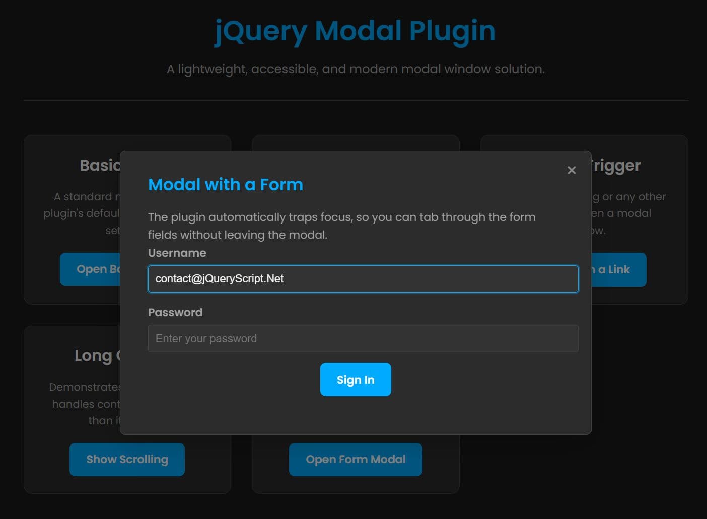 A diagram illustrating keyboard focus being safely trapped within an open modal dialog instead of escaping to the background.