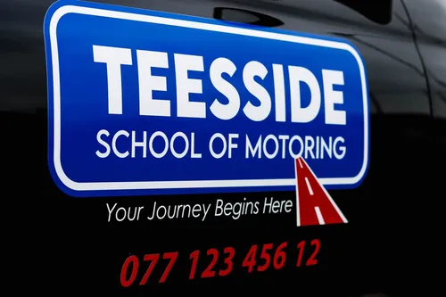 Teesside School of Motoring logo on a driving school vehicle, featuring the text “Your Journey Begins Here” and contact number for driving lessons.