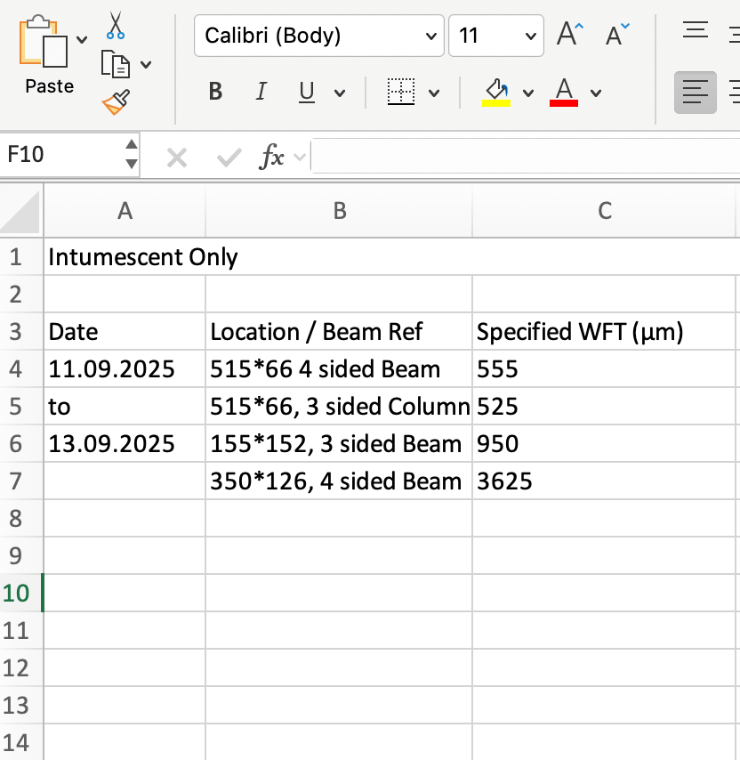 Excel spreadsheet showing intumescent coating specifications with columns for Date, Location/Beam Ref, and Specified WFT in micrometers for beams and columns with specific dimensions and sidedness.